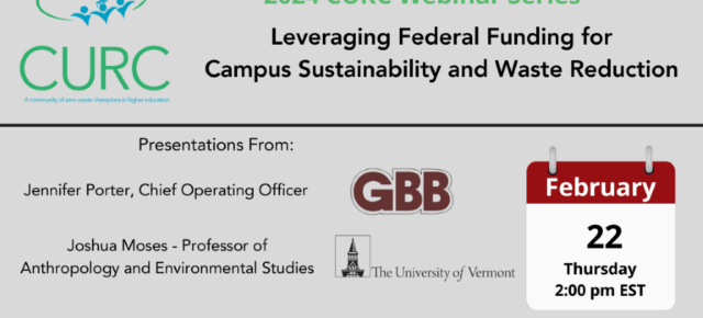 title slide for 2024 webinar leveraging federal funding for campus sustainability and waste reduction
