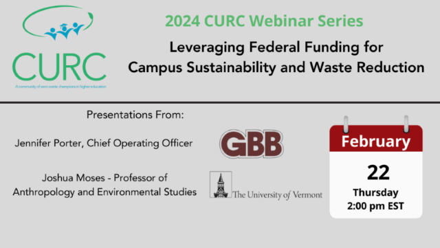 title slide for 2024 webinar leveraging federal funding for campus sustainability and waste reduction